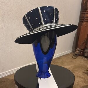Navy and White Embellished Hat